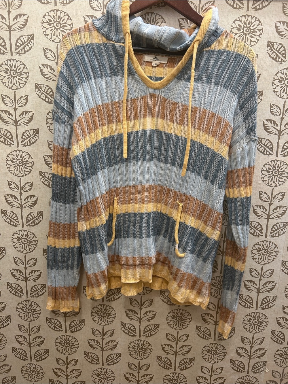 Rip Curl Striped Hoodie Sweater in Light Blue, Mustard, and Brown